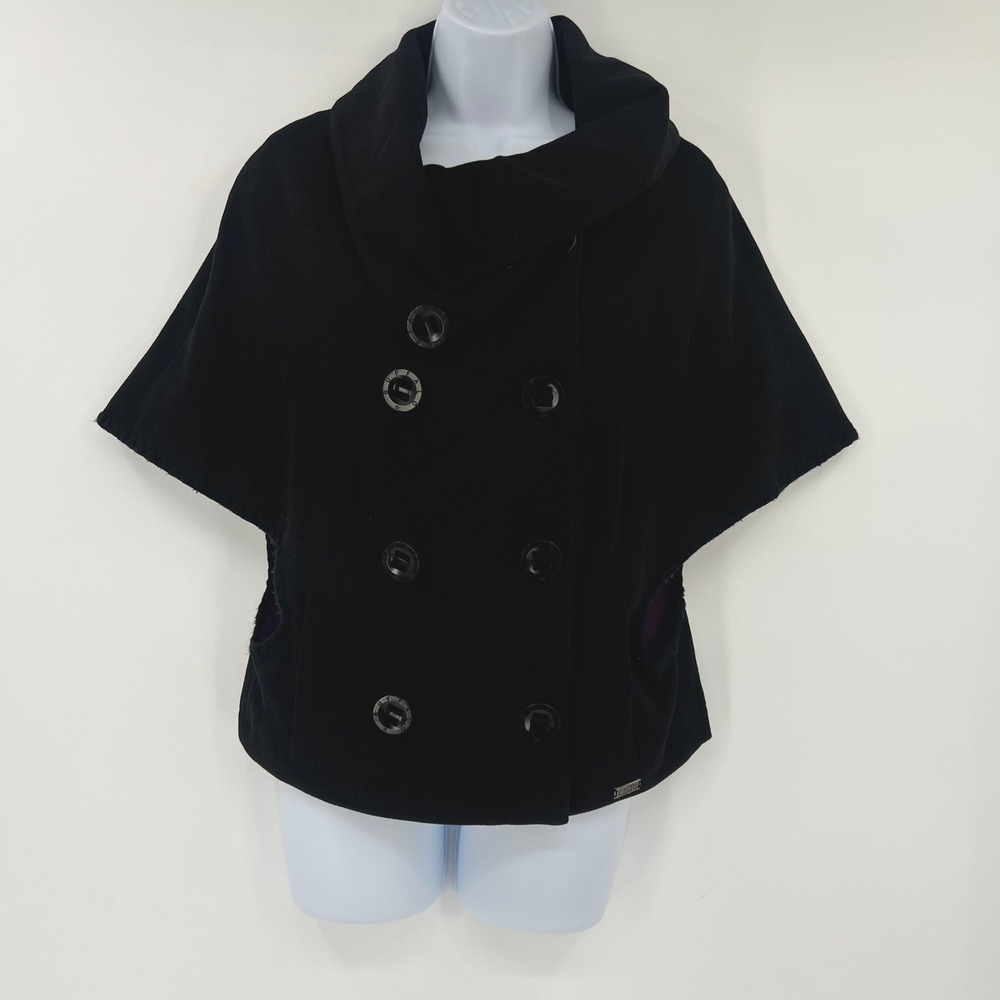 Buffalo David Bitton Size M Capera Black Double Breasted Cape Jacket Cowl Neck